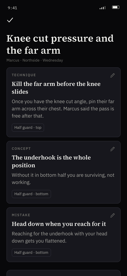 A session written up as cards: the technique, the concept and the mistake, each tagged with the position.